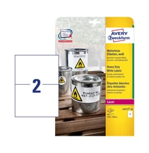 Etikett címke, 210 x148mm, időjárásálló poliészter 2 címke/ív 20 ív/doboz, Avery fehér