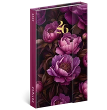 Határidőnapló mágnessel záródó, heti, fehér lapokkal Purple Flowers 130x210 mm, Presco