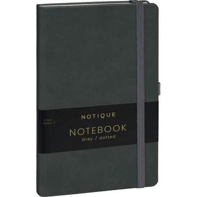 Keménytáblás notesz pontozott vonalozással krémszínű lapokkal leszorító gumiszalaggal Gray 130x210mm, Presco