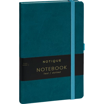 Keménytáblás notesz pontozott vonalozással krémszínű lapokkal leszorító gumiszalaggal Teal 130x210mm, Presco