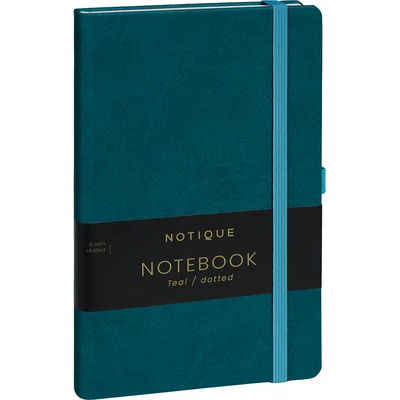 Keménytáblás notesz pontozott vonalozással krémszínű lapokkal leszorító gumiszalaggal Teal 130x210mm, Presco