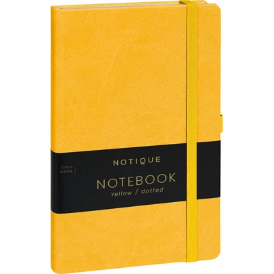 Keménytáblás notesz pontozott vonalozással krémszínű lapokkal leszorító gumiszalaggal Yellow 130x210mm, Presco