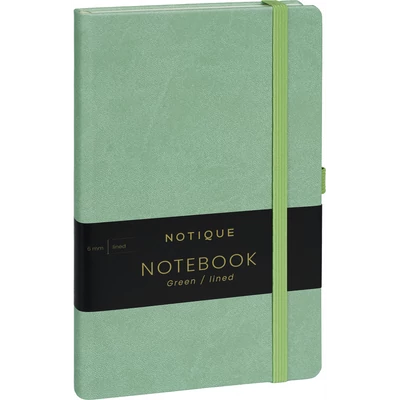 Keménytáblás notesz vonalas krémszínű lapokkal leszorító gumiszalaggal Green 130x210mm, Presco