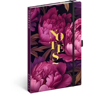 Keménytáblás notesz krémszínű lapokkal leszorító gumiszalaggal Purple Flowers 130x210mm, Presco