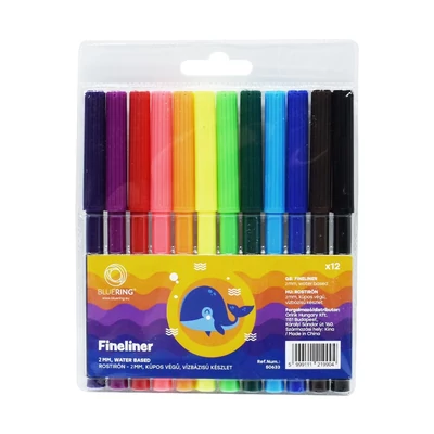 Rostirón kúpos végű filctoll készlet, vízbázisú, 1mm, Bluering®, 12 klf. szín,  Rostirón kúpos végű filctoll készlet, vízbázisú, 1mm, Bluering®, 12 klf. szín,